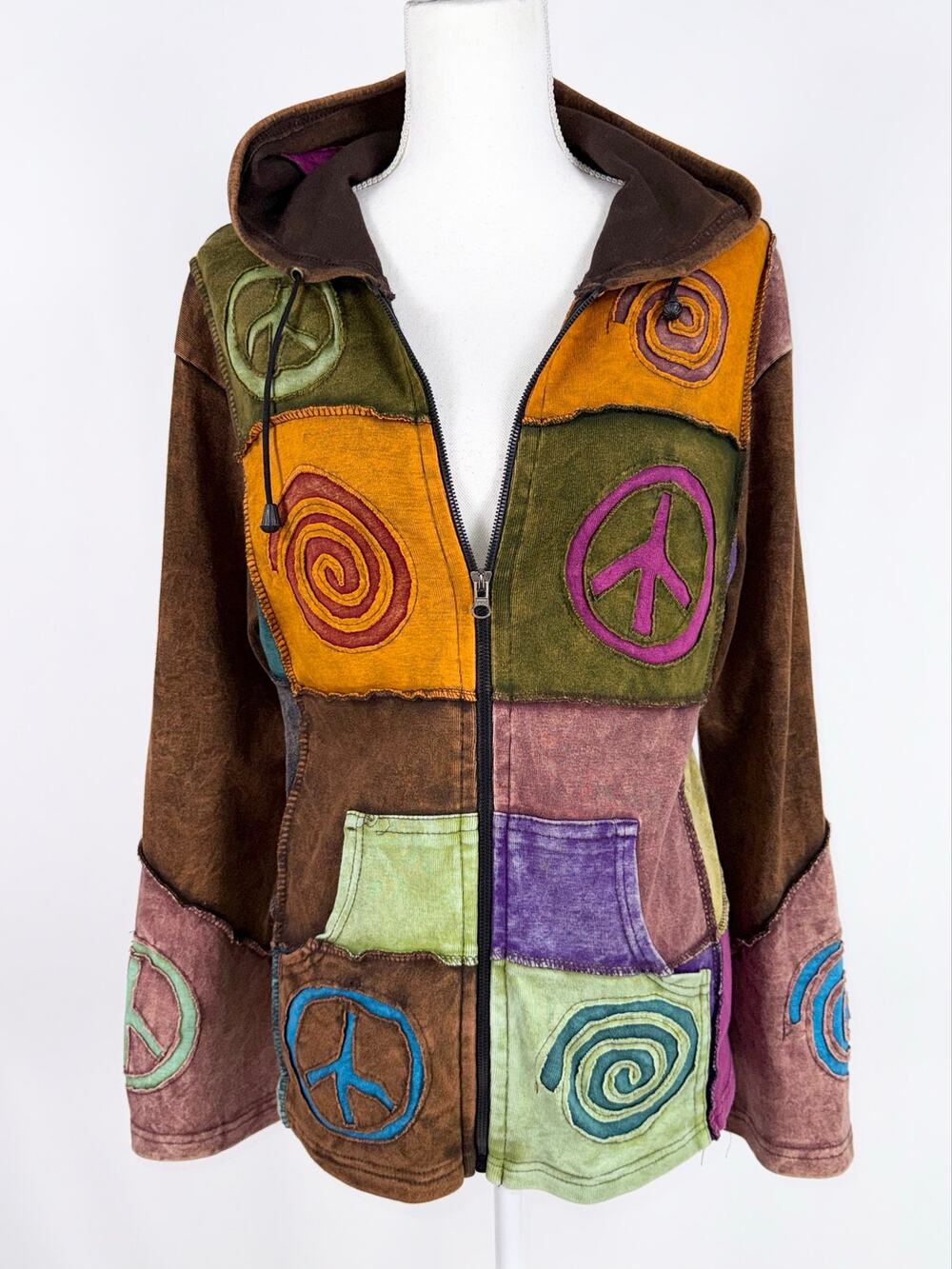 KPC Kantha Peace Hippie Patch Work Zip Up Hoodie Women's Medium Rainbow